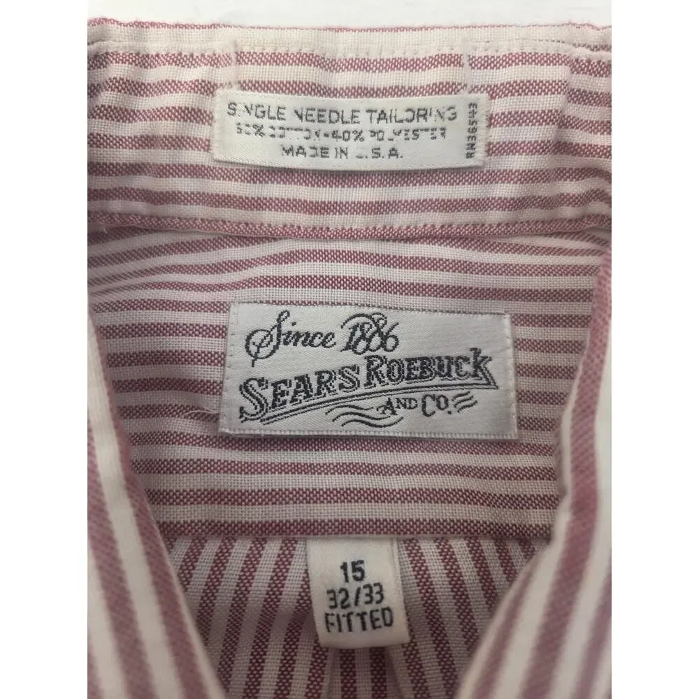 Vtg Sears Roebuck Shirt Mens 15 32/33 Button Up Red White Stripe Made USA